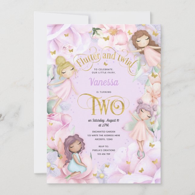 Lila Märchenthemen, 2. Geburtstagsfeier Einladung (Vorderseite)