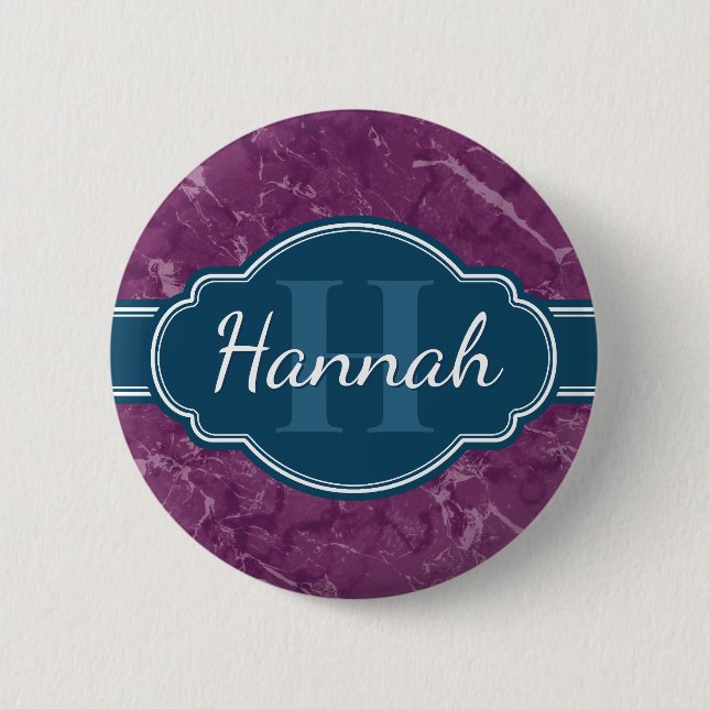 Lila Marmormuster Aquamarines Monogramm Button (Vorderseite)