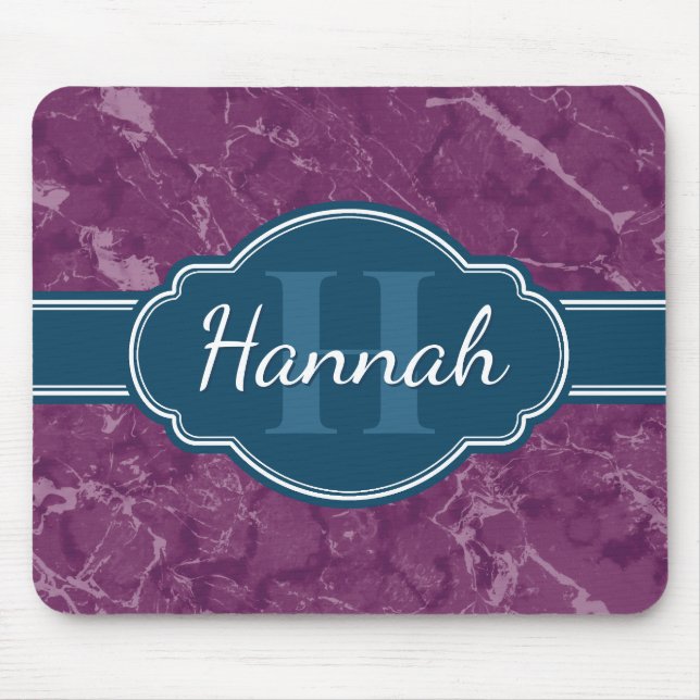 Lila Marmormuster Aquamarines Monogramm Mousepad (Vorne)