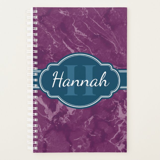 Lila Marmormuster Aquamarines Monogramm Planer (Vorderseite)