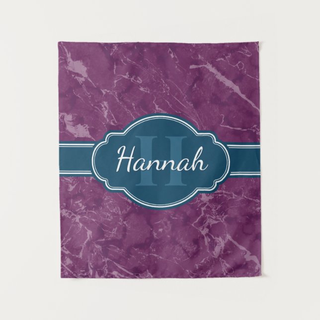 Lila Marmormuster Aquamarines Monogramm Wandteppich (Vorderseite)
