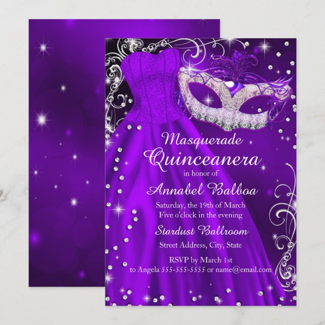 Lila Maske & Dress Masquerade Quinceanera Einladun Einladung (Vorne/Hinten)
