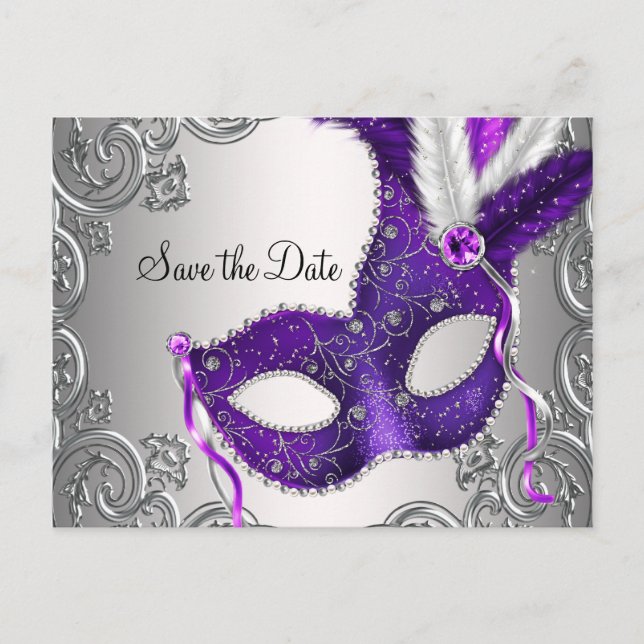 Lila Masquerade Save the Date Ankündigungspostkarte (Vorderseite)