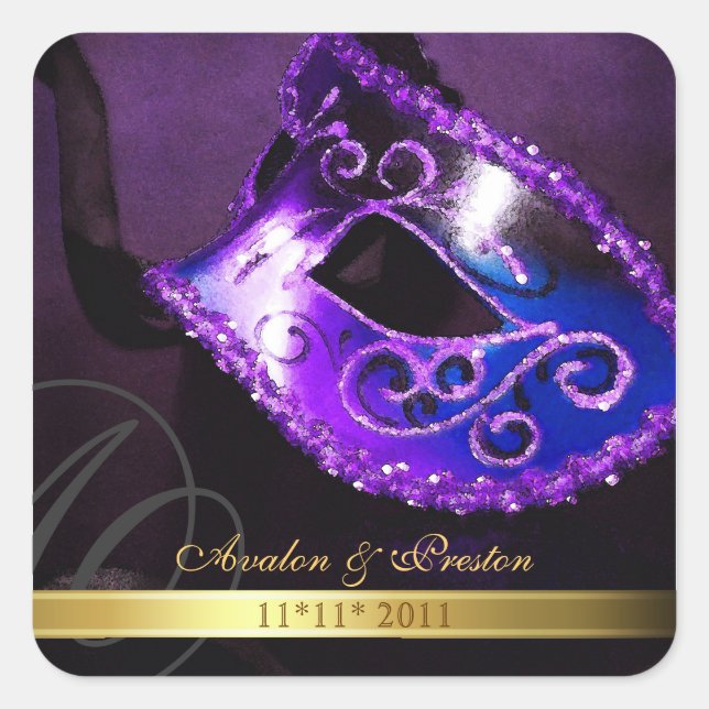 Lila Masquerade Swirl Save the Date Sticker (Vorderseite)