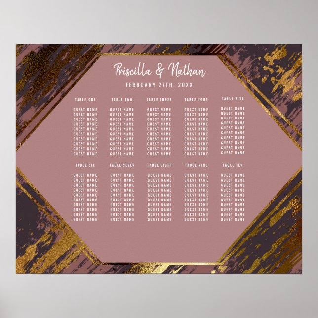 Lila Mauve Gold Pinselstrich Moderne Sitzkarte Poster (Vorne)