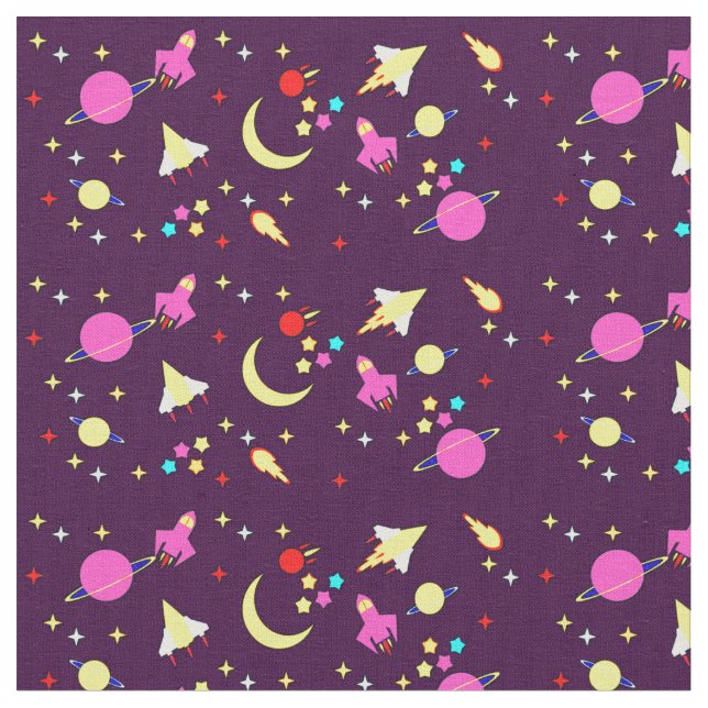 Lila Mauve Space Rocket Comet Planet Stars Moon Stoff (Nahaufnahme)