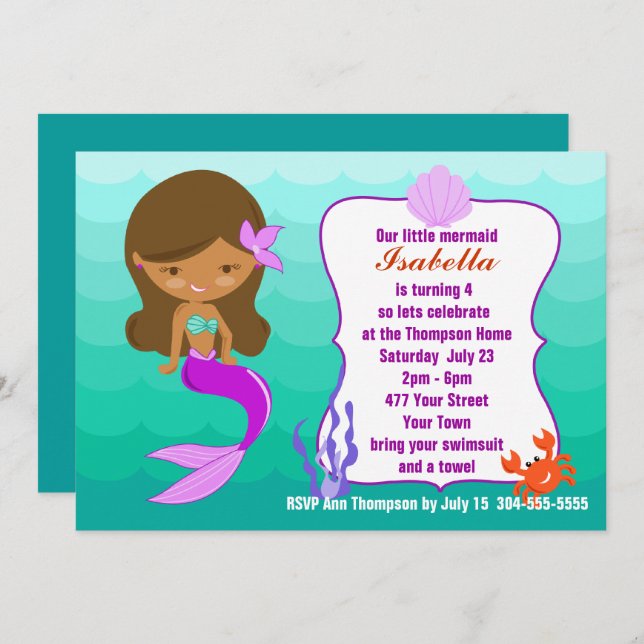 Lila Meerjungfrau-Pool-Party Einladung (Vorne/Hinten)