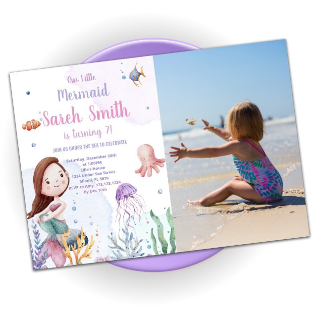 Lila Meerjungfrau Schwanz Geburtstagseinladungen m Einladung (Purple Mermaid Tail Birthday Invitations w photo)