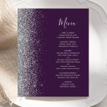 Lila Menü für Hochzeitsfeiern mit Silver Glitzer E<br><div class="desc">Die links Kulisse dieses eleganten,  modernen Hochzeitsmenüs besticht durch einen silbernen Glitzer-Rahmen mit Imitaten. Der anpassbare Text kombiniert silbergraue Handschrift-Skripte und Copperplate-Schriftart auf einem dunklen lila Hintergrund. Die Rückseite ist lila und silber gehalten.</div>