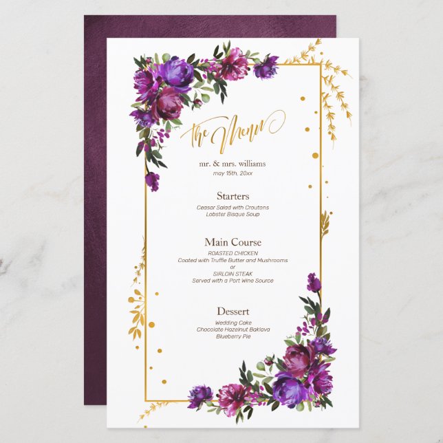 Lila Menü in Hot Pink, Gold (Vorne/Hinten)