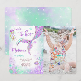 Lila Mermaid Birthday Foto Einladung