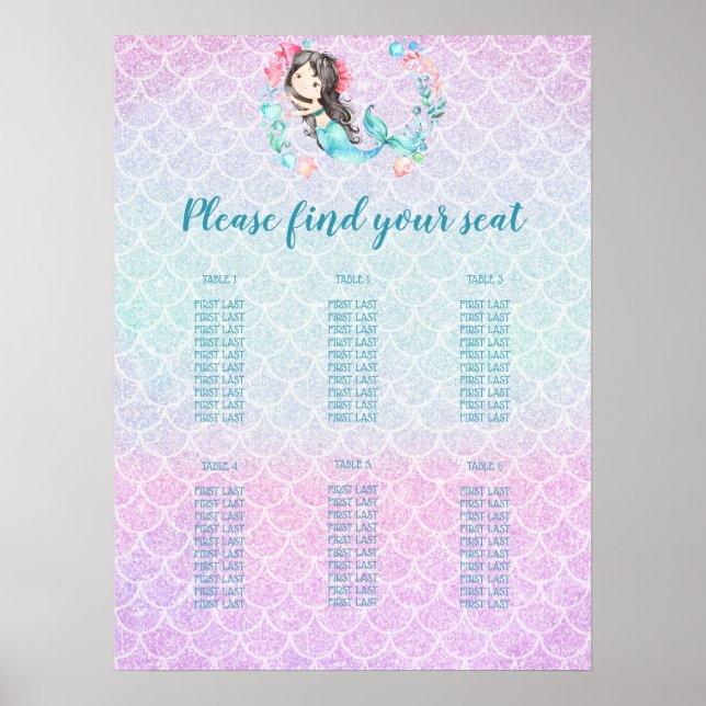 Lila Mermaid Girl's Baby Shower Seating Chart Poster (Vorne)
