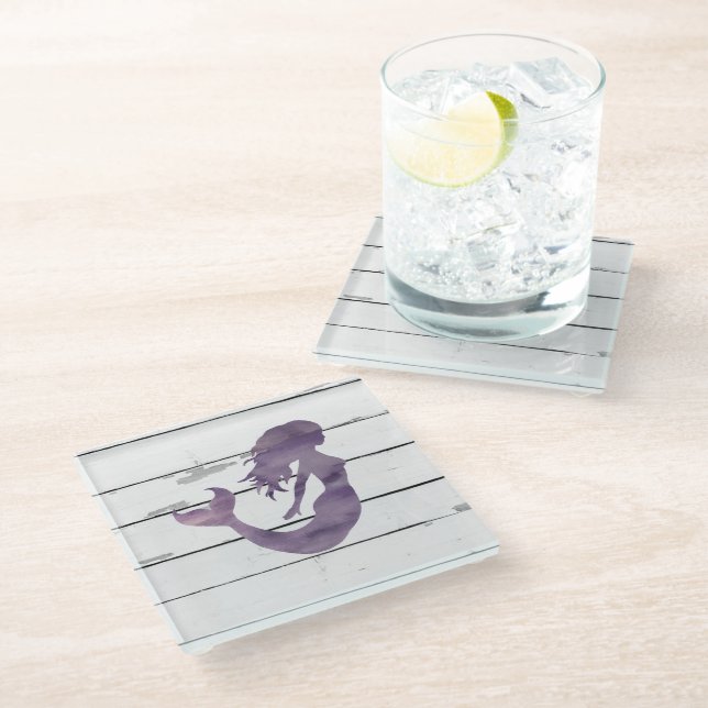 Lila Mermaid Painting Beach Glass Untersetzer (Schrägansicht)