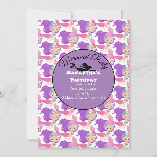 Lila Mermaid-Party Rosa Einladung (Vorderseite)