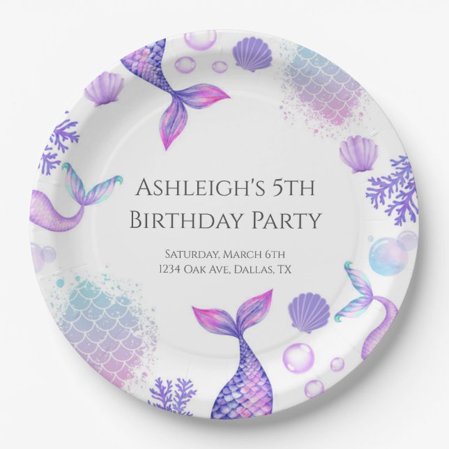 Lila Mermaid Themed Geburtstagspartei Pappteller (Vorderseite)