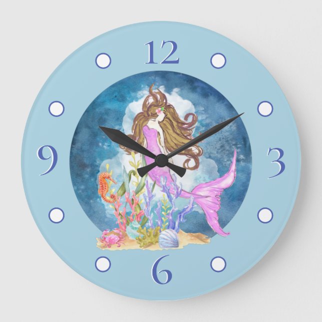 Lila Mermaid Wasserfarbe Große Acrylwand Uhr (Vorderseite)