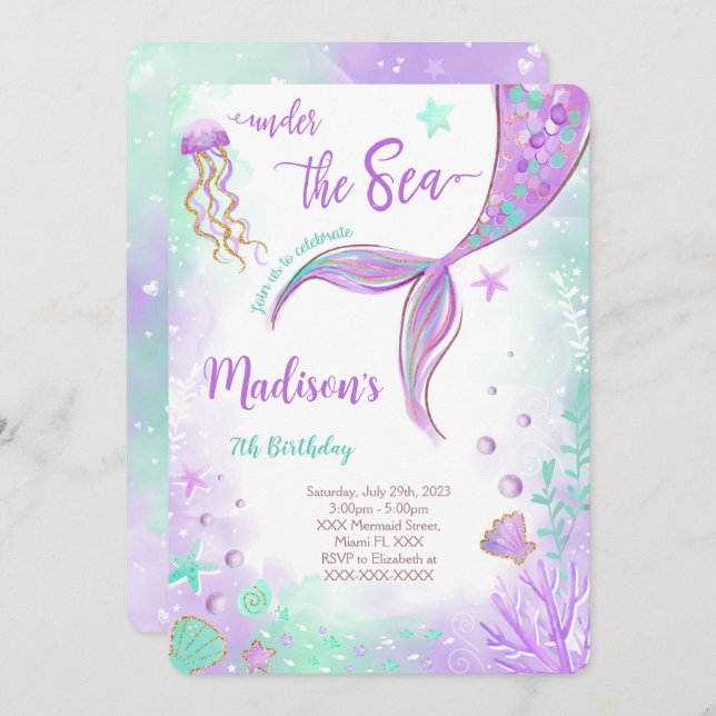 Lila Mermaid zum Geburtstag Einladung (Vorne/Hinten)
