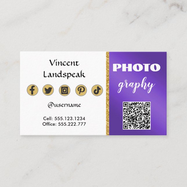 Lila Metallic Gold Glitzer QR Code Fotografie Visitenkarte (Vorderseite)