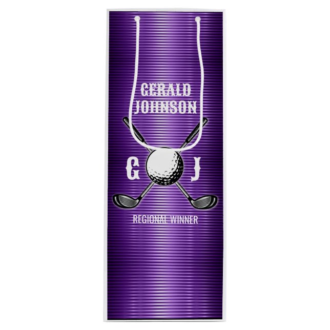 Lila Metallic Lines Golf Monogram Design Geschenktüte Für Weinflaschen (Vorderseite)