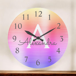 Lila Metallic Monogramm Name und Anfangsbuchstaben Große Wanduhr