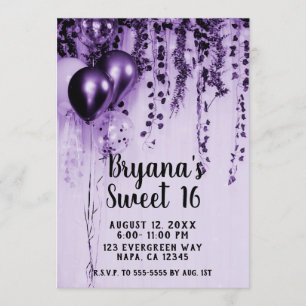 Lila Metallische Partyballons Efeu Weiß Sweet 16 Einladung