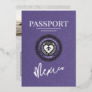 Lila Mexiko Reisepass Hochzeit Folieneinladung