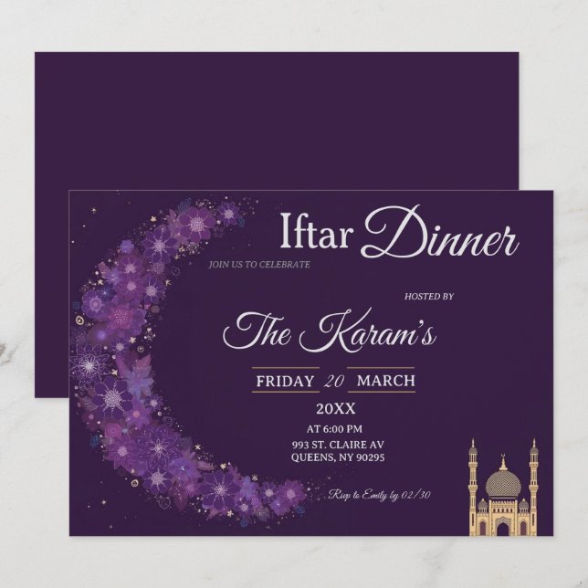 Lila minimale Moschee Ramadan Iftar-Party-Einladun Einladung (Vorne/Hinten)
