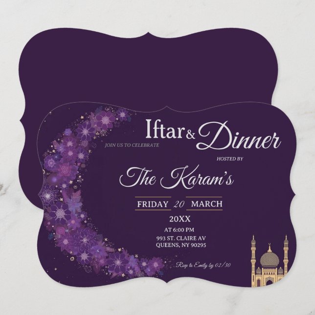 Lila minimale Moschee Ramadan Iftar-Party  Einladung (Vorne/Hinten)