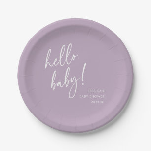 Lila minimalist Hello Baby Shower Pappteller