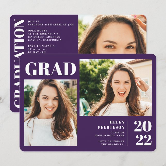 Lila minimalistisch moderner 3 Foto Abschluss Einladung (Vorne/Hinten)
