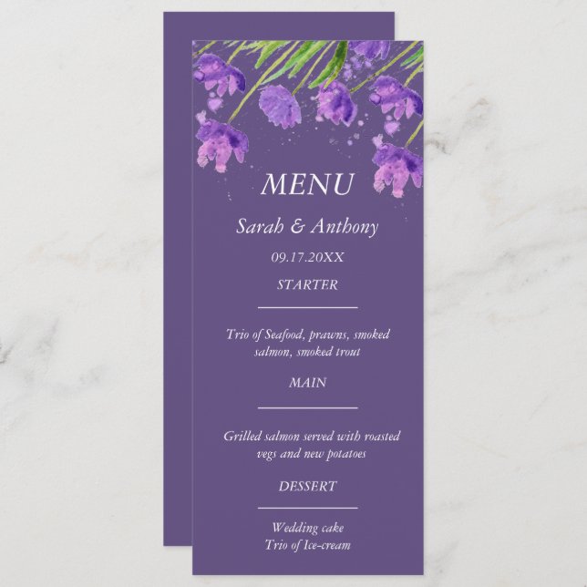 Lila Minimalistische Blumenkost Menükarte (Vorne/Hinten)
