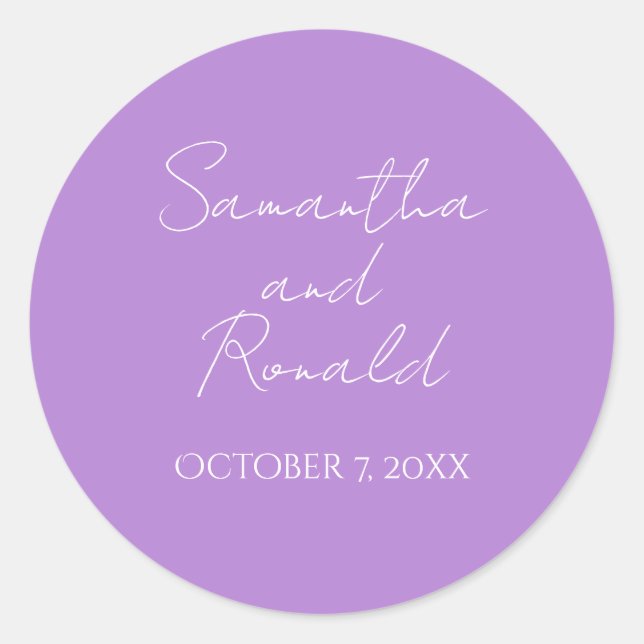 Lila Minimalistische Hochzeit Runder Aufkleber (Vorderseite)