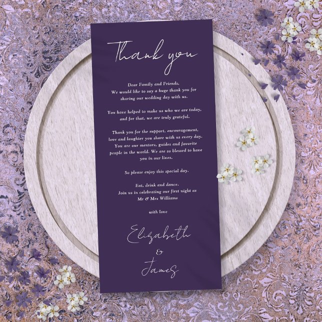 Lila Minimalistische Hochzeit Vielen Dank Platzkar Menükarte (Purple Minimalist Wedding Thank You Place Card)