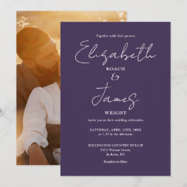 Lila Minimalistische Script-Foto-Hochzeit Einladung
