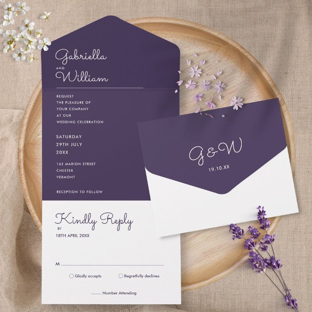 Lila Minimalistische Script Monogram Wedding All In One Einladung (Von Creator hochgeladen)