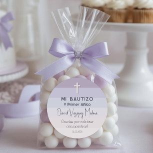 Lila Minimalistische Taufe und erster Geburtstag Runder Aufkleber