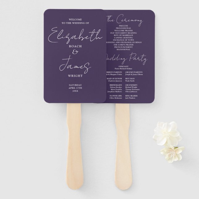 Lila Minimalistisches Script-Hochzeitsprogramm Fächer (Vorne und Hinten)