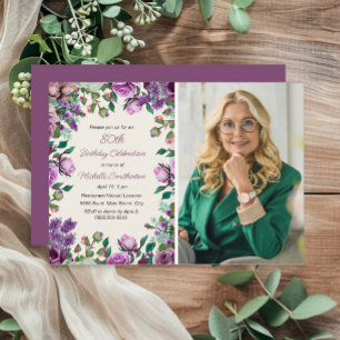 Lila Mint Green Floral 80. Geburtstag Foto Einladung