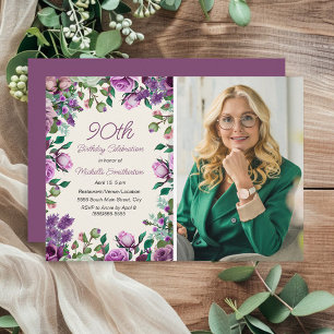 Lila Mint Green Floral 90. Geburtstag Foto Einladung