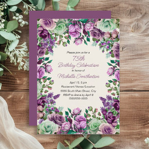 Lila Mint Grün Wasserfarben Floral 75. Geburtstag Einladung