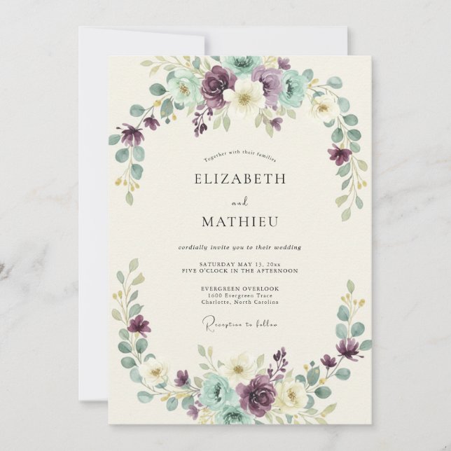Lila Minze Botanischer Bogen Hochzeit Einladung (Vorderseite)