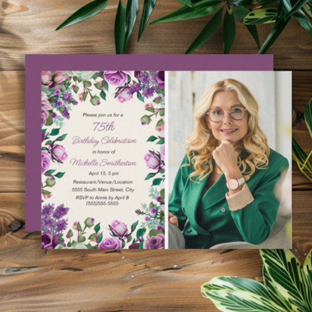 Lila Minze Grüne Blüte 75. Geburtstag Foto Einladung (Purple watercolor floral and green leaves women's 75th birthday party photo invitation)