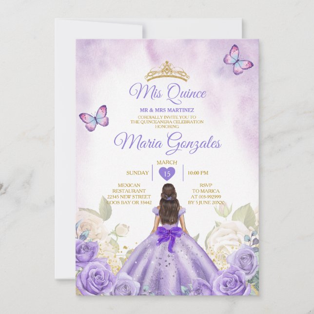Lila Mis Quince Lavender 15 Anos Silver Crown Einladung (Vorderseite)