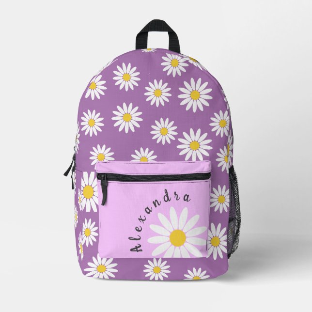 Lila mit Daisy und Name Bedruckter Rucksack (Vorderseite)