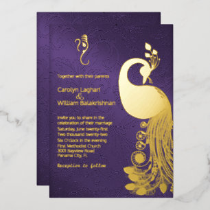Lila mit Goldpfau und Ganesha Wedding Folieneinladung