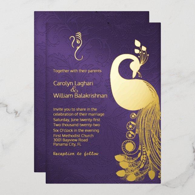 Lila mit Goldpfau und Ganesha Wedding Folieneinladung (Vorderseite/Rückseite)