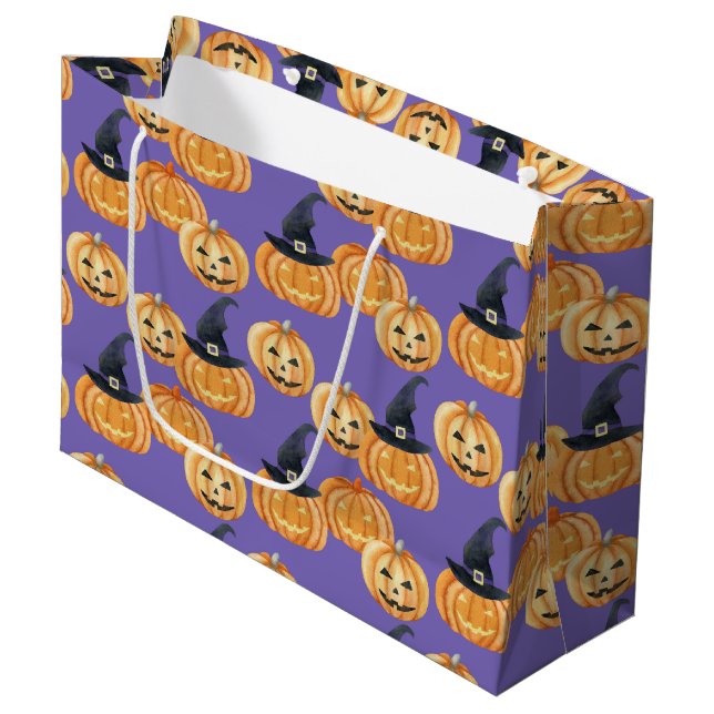 LILA MIT ORANGE HALLOWEWEEN KÜRBISLATERNEN GROßE GESCHENKTÜTE (Vorderseite Schrägansicht)