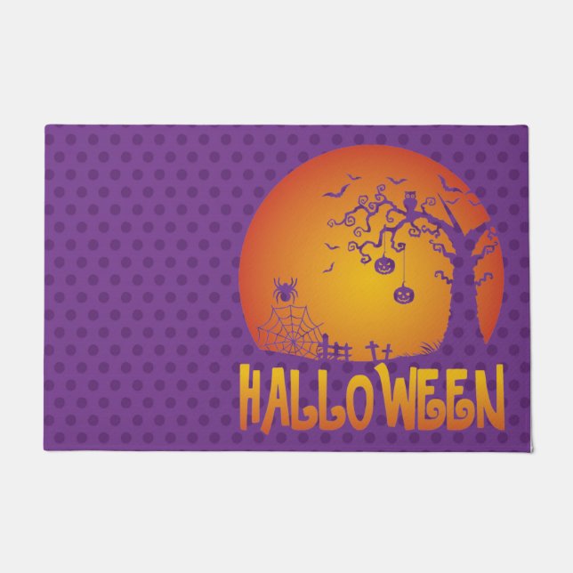 LILA MIT ORANGE SPOOKY NIGHT BAUES PUMPKINS FUßMATTE (Vorderseite)