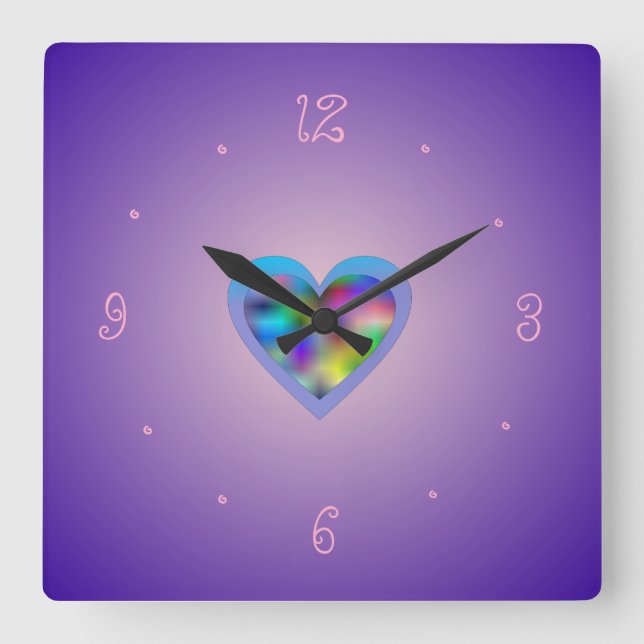 Lila mit Rainbow Heart> Girls Wall Clocks Quadratische Wanduhr (Vorderseite)