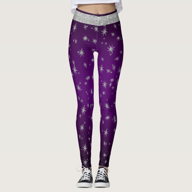 Lila mit Silberstars Leggings (Vorderseite)